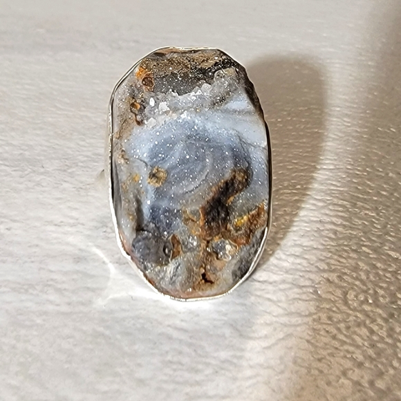 Vintage Jewelry - Mexican Druzy Agate Stone Sterling Silver Ring Size 6.25 Crystal Chakra